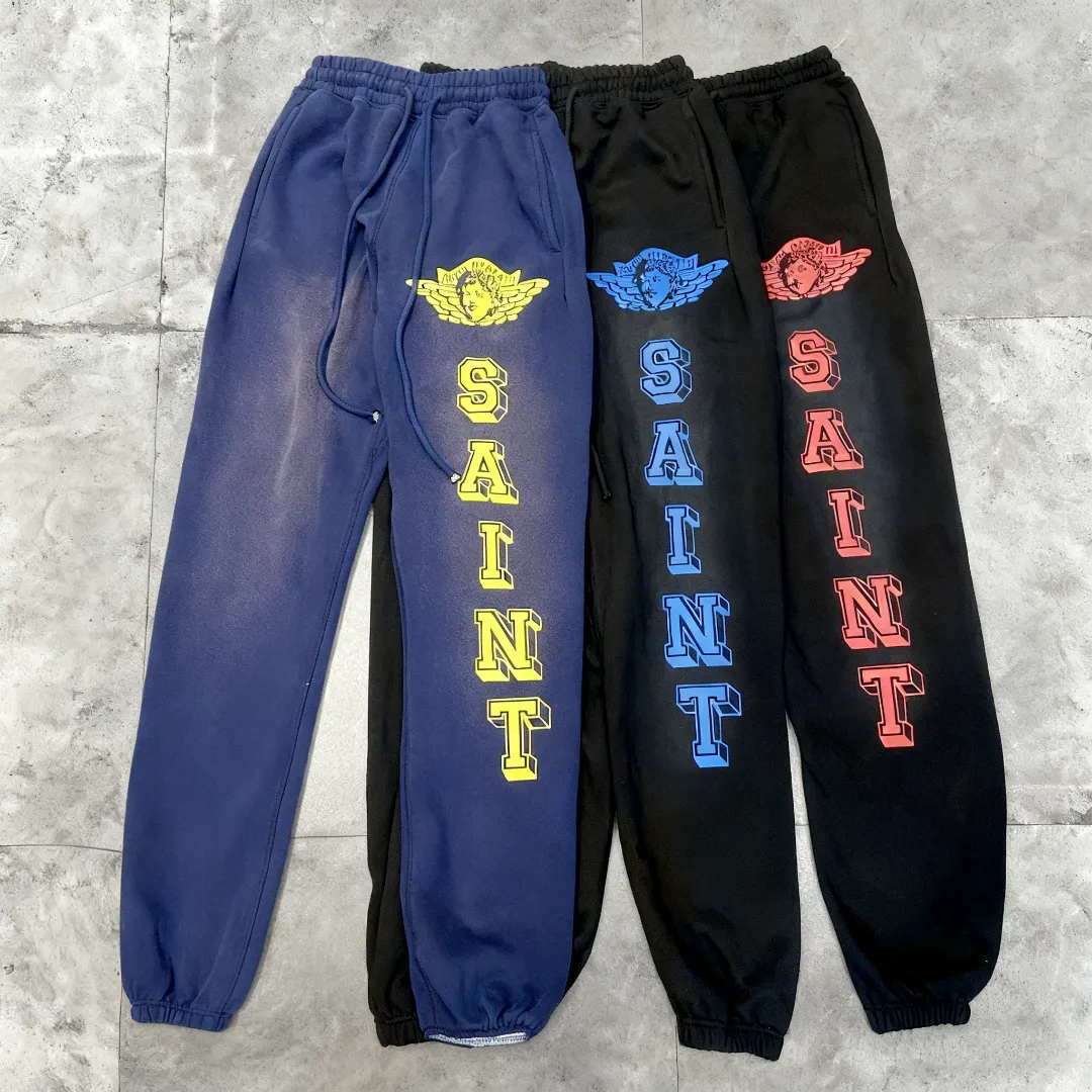 Saint Michael's trendy retro angels letters with old washed angel vintage loose casual loose sweatpants and trousers Style number: SM632 Size: S-M-L-XL Color: black blue-black red-blue yellow Price: P236